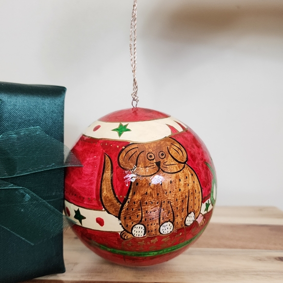 Hand Painted Paper Mache (?) Christmas Dog Ball Ornament with Box - Picture 3 of 3